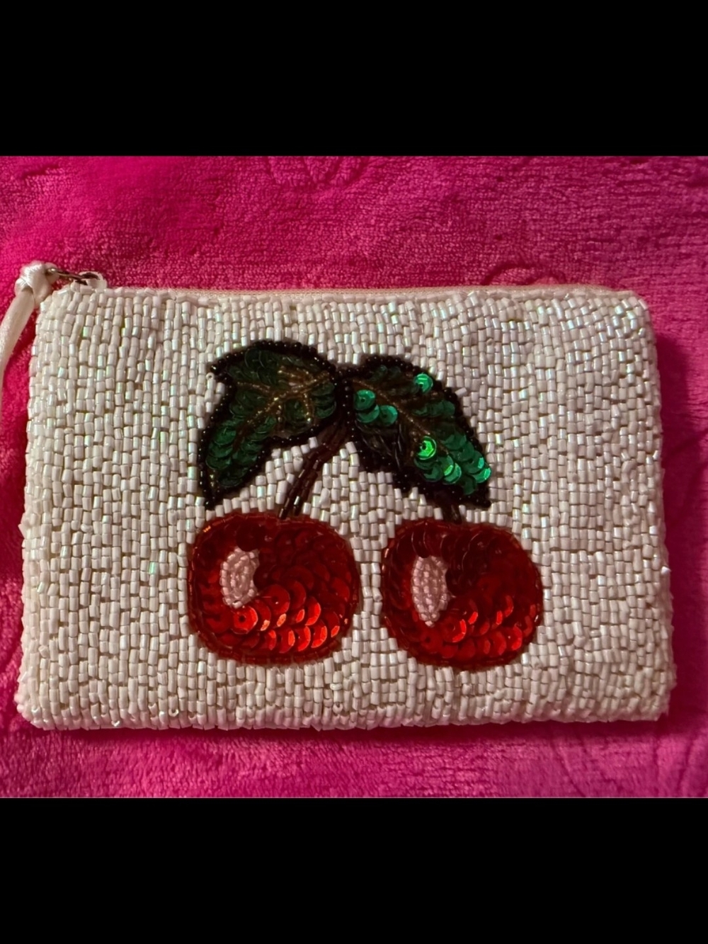 White Beaded Cherry Sequin Wristlet